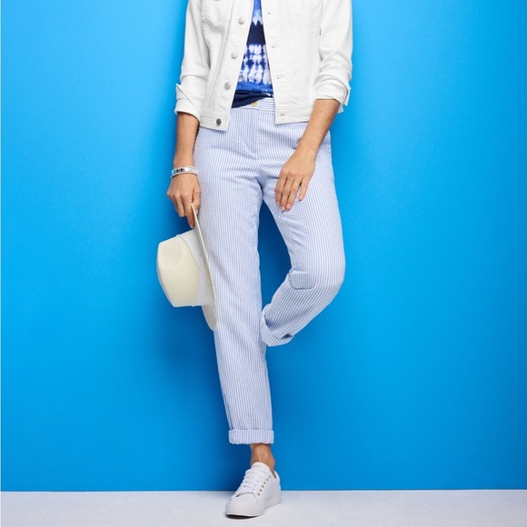 Talbots Sunshine Seersucker Relaxed Chino Striped Blue White Pants Size 10P - Picture 3 of 11